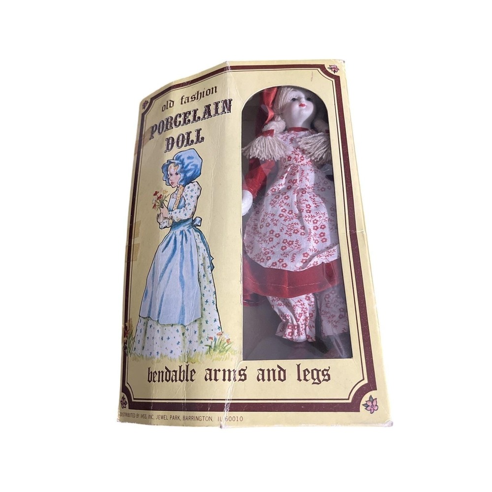 Vintage Porcelain Doll Bendable Arms Legs Red Floral‎ Dress Boxed 1981
